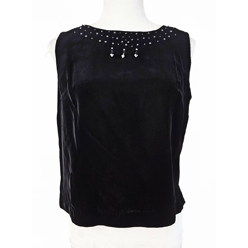 Rosecrest Black Velvet Medium Vintage MCM Sleeveless Cocktail Top Beaded Neck
